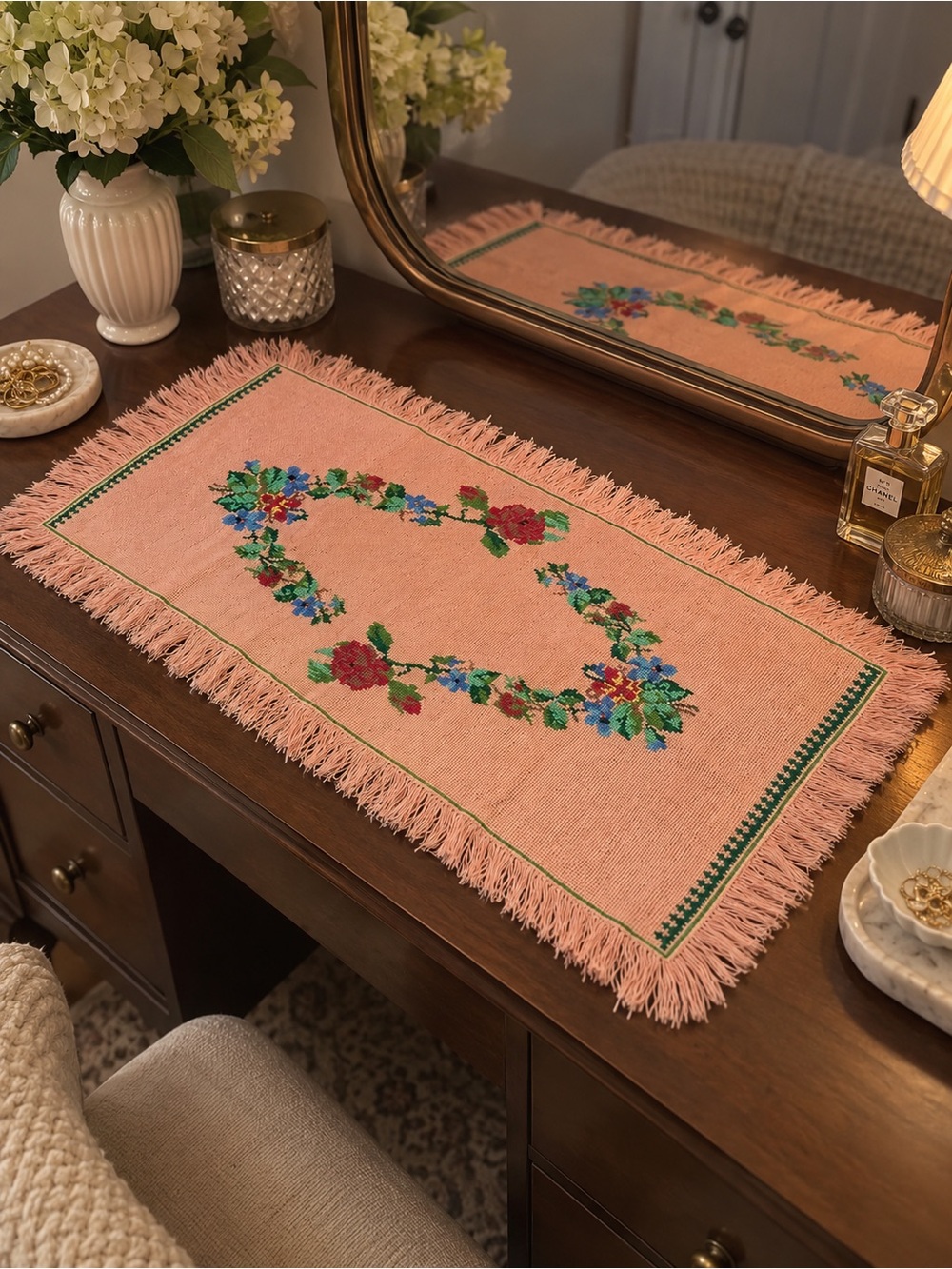 Vintage Pink Fringed Floral Embroidered small Table Runner